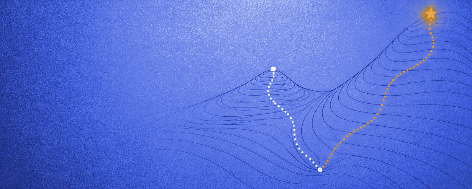 Cover: two summits drawn in contour lines, one dotted trail ending on each, drawn in navy lines