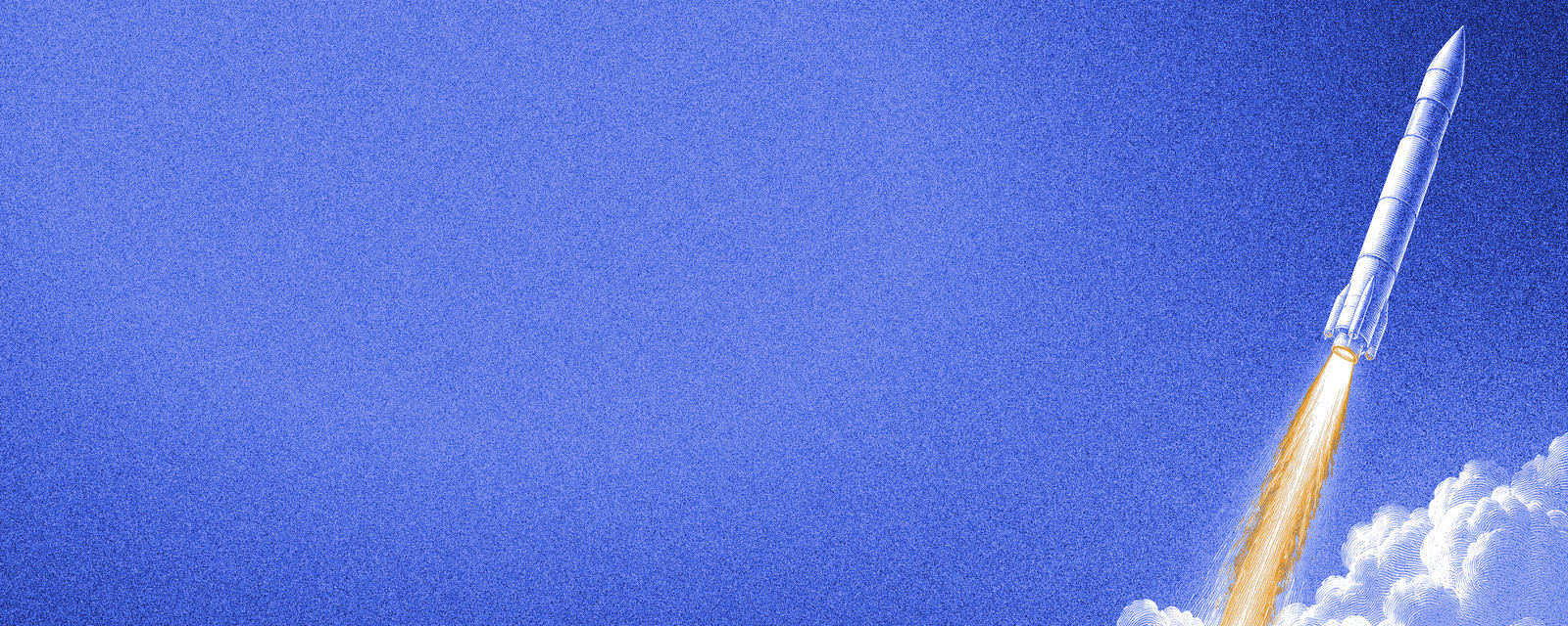 Cover: a rocket climbing out of a bank of clouds, its engine flare amber, drawn in navy lines