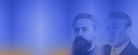 Cover: portraits of Andrey Markov and Andrey Kolmogorov, side by side, drawn in navy lines