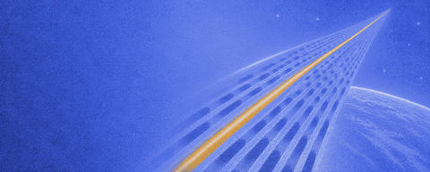 Cover: lanes rising into the sky, one amber streak far ahead, drawn in navy lines