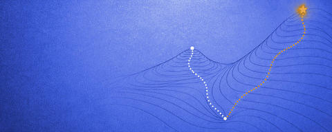 Cover: two summits drawn in contour lines, one dotted trail ending on each, drawn in navy lines